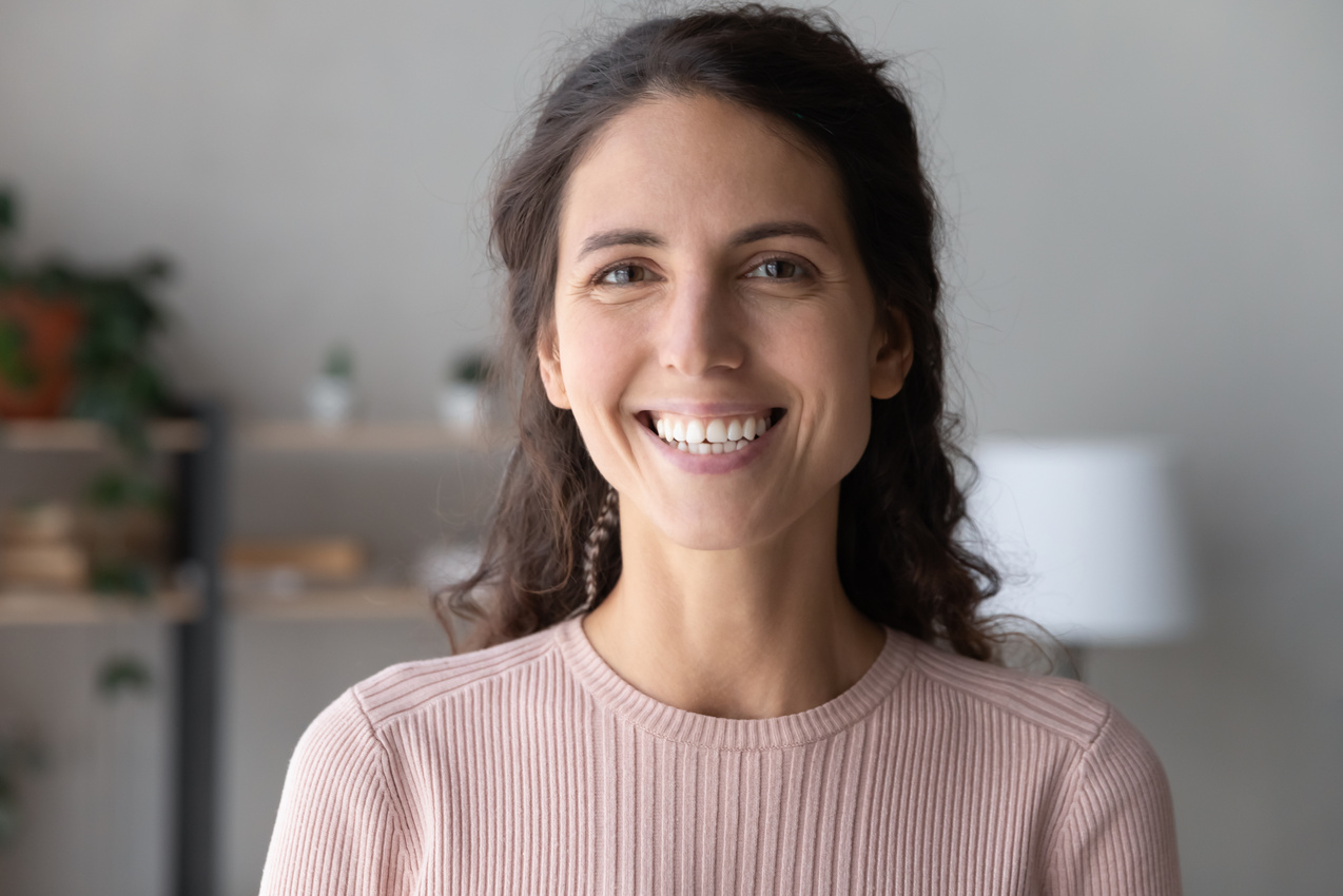 Profile picture of smiling young woman talk on video call